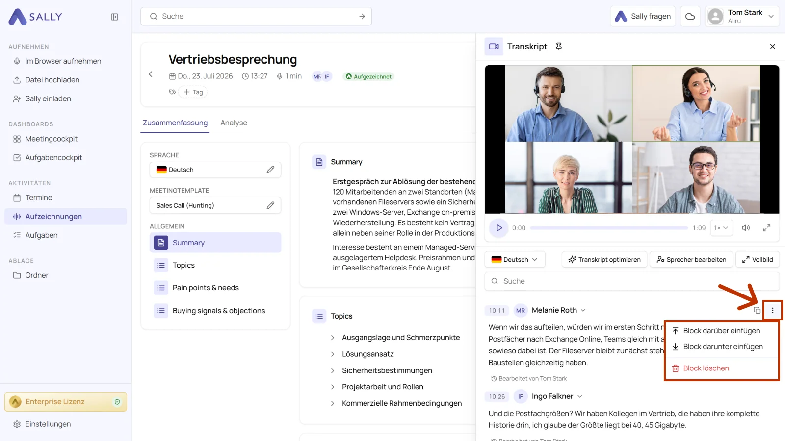 Sally Transkript mit geöffnetem Drei-Punkte-Menü eines Textblocks mit Bearbeitungsoptionen
