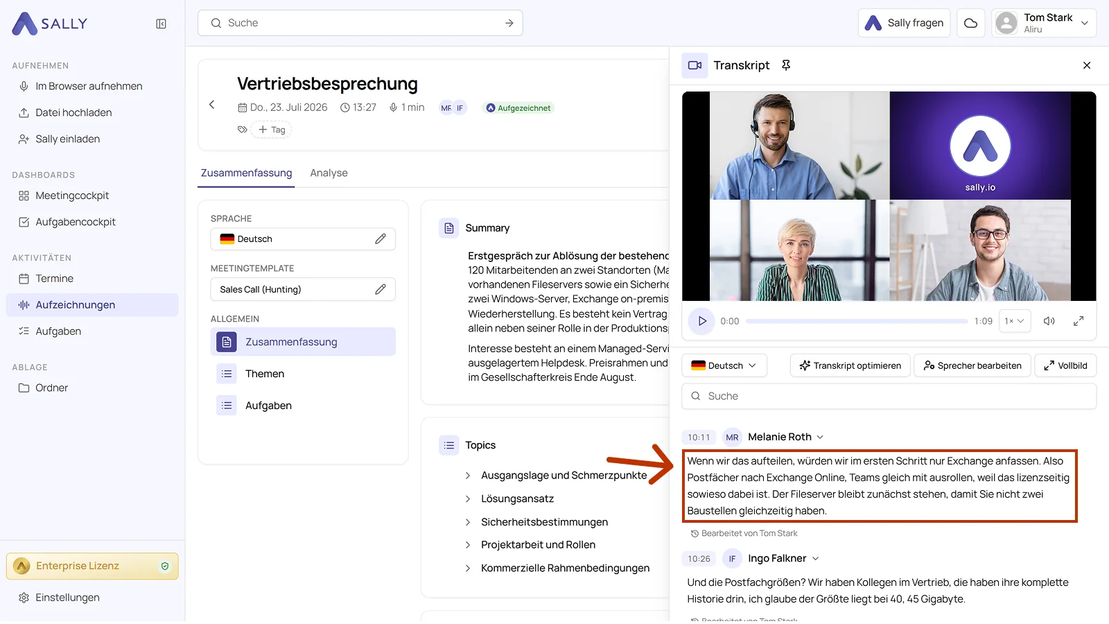 Sally Transkript mit hervorgehobenem Textblock, der gerade bearbeitet wird