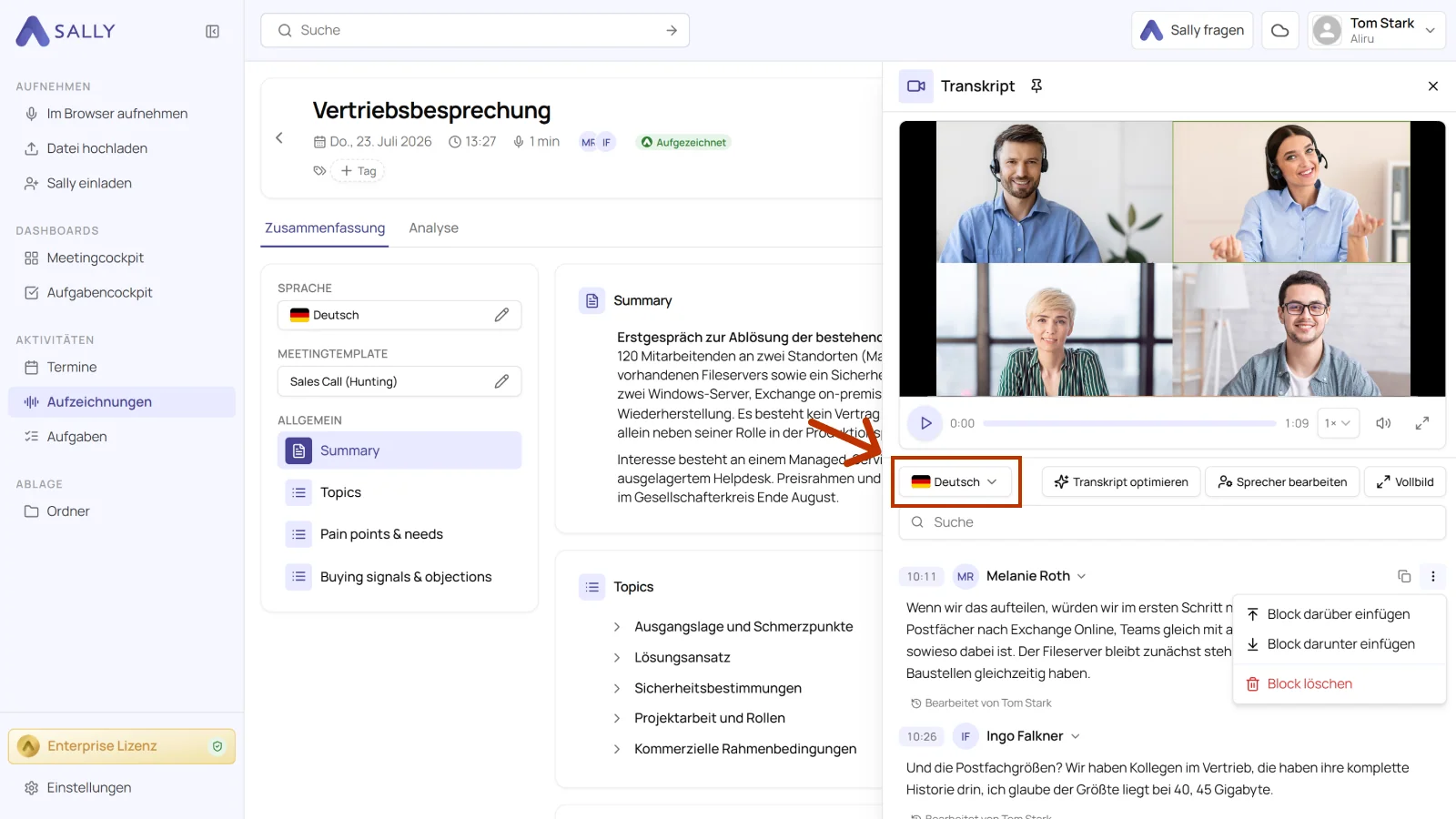 Sally Transkript-Leiste mit hervorgehobener Sprachauswahl
