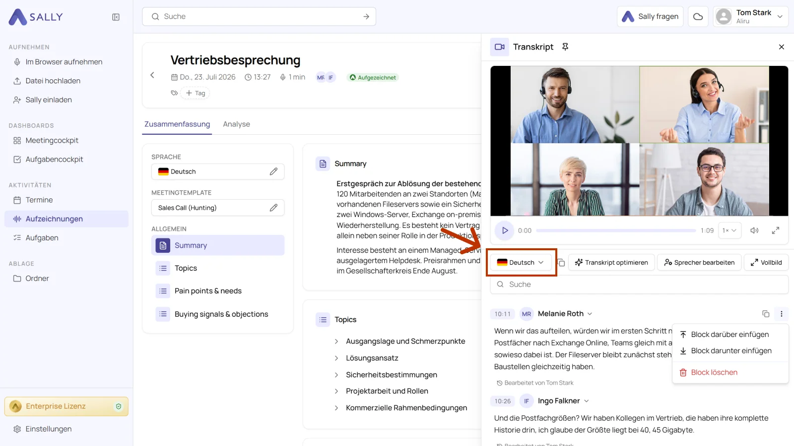 Sally Transkript-Leiste mit hervorgehobener Sprachauswahl