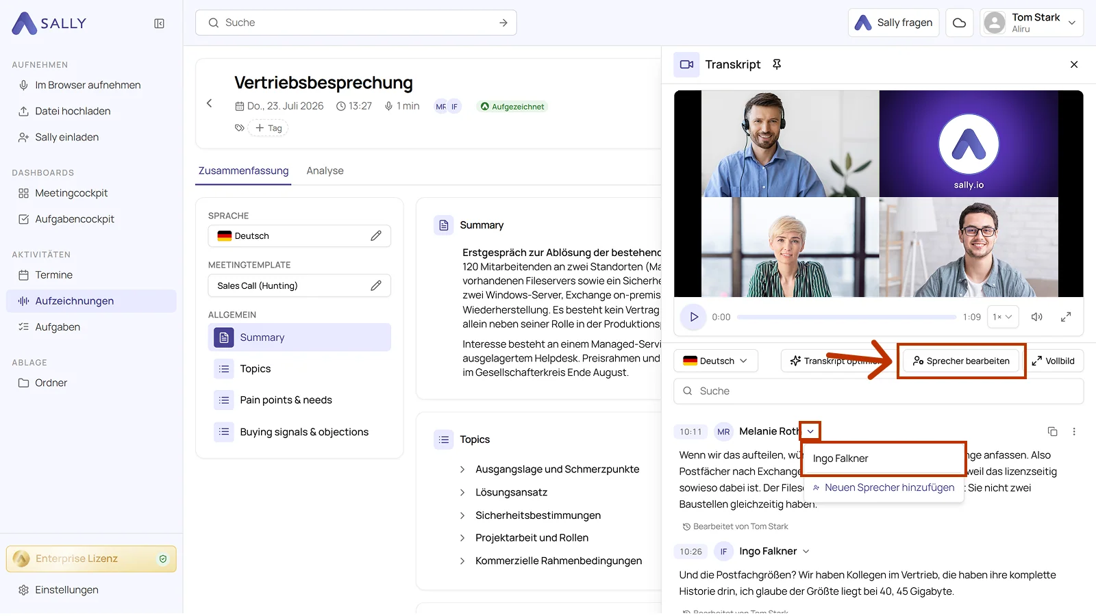 Sally Textblock mit geöffnetem Sprecher-Dropdown zur Auswahl eines anderen Sprechers