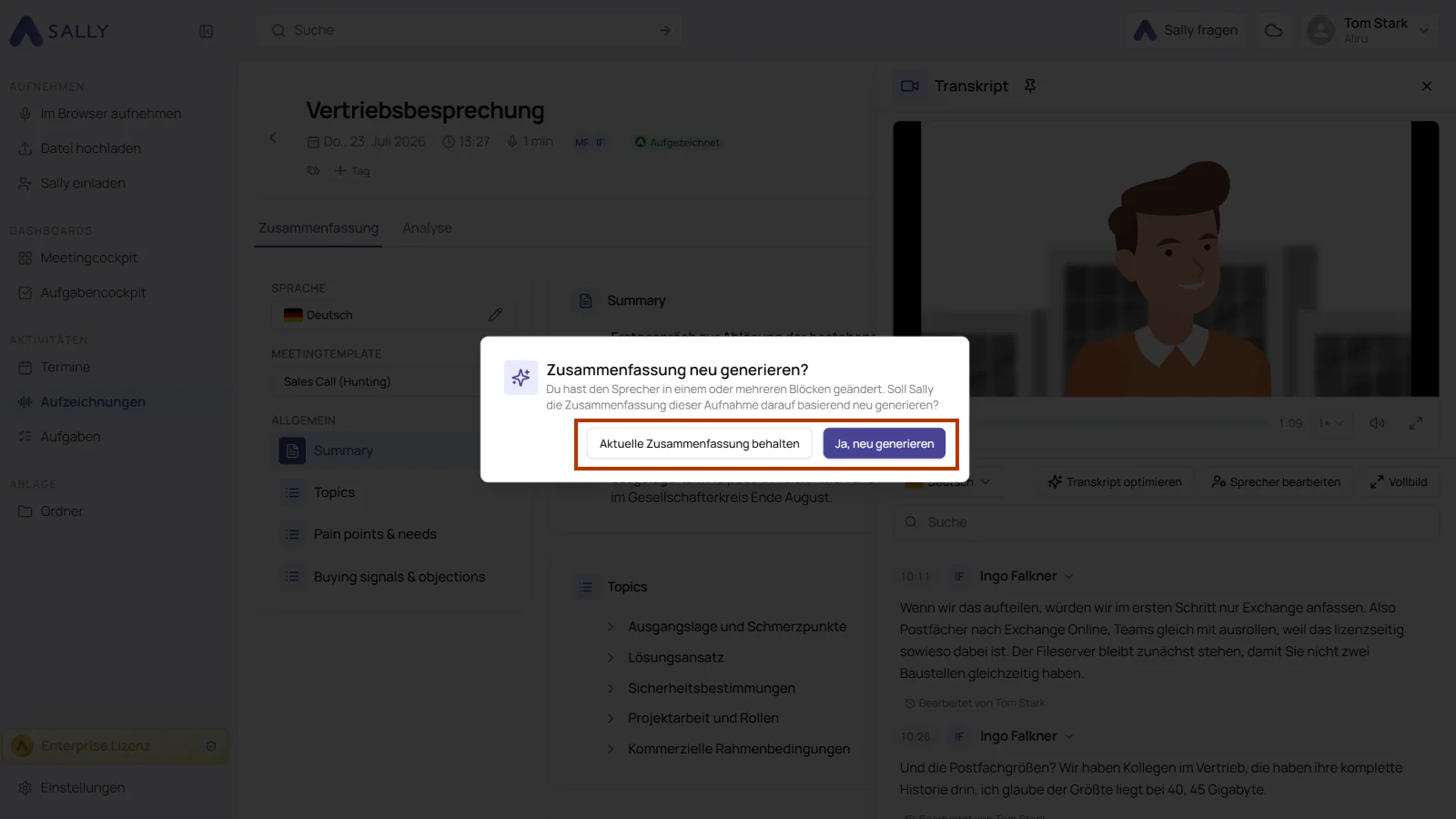 Sally Bestätigungsdialog mit der Frage, ob die Zusammenfassung nach der Sprecheränderung neu erzeugt werden soll