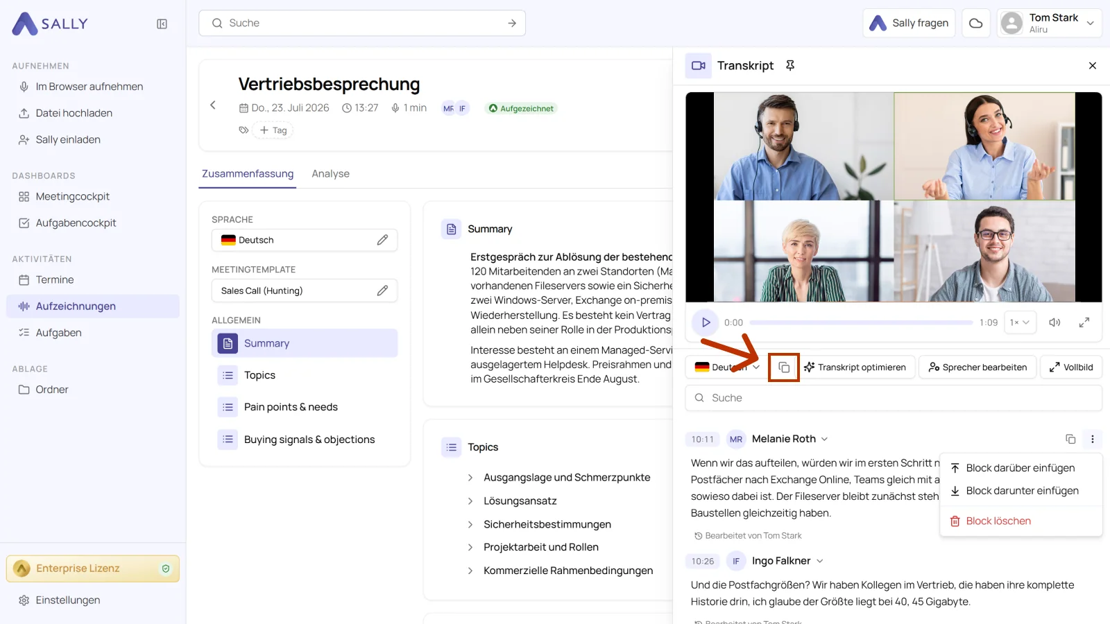 Sally Transkript-Leiste mit hervorgehobenem Button zum Kopieren des gesamten Transkripts
