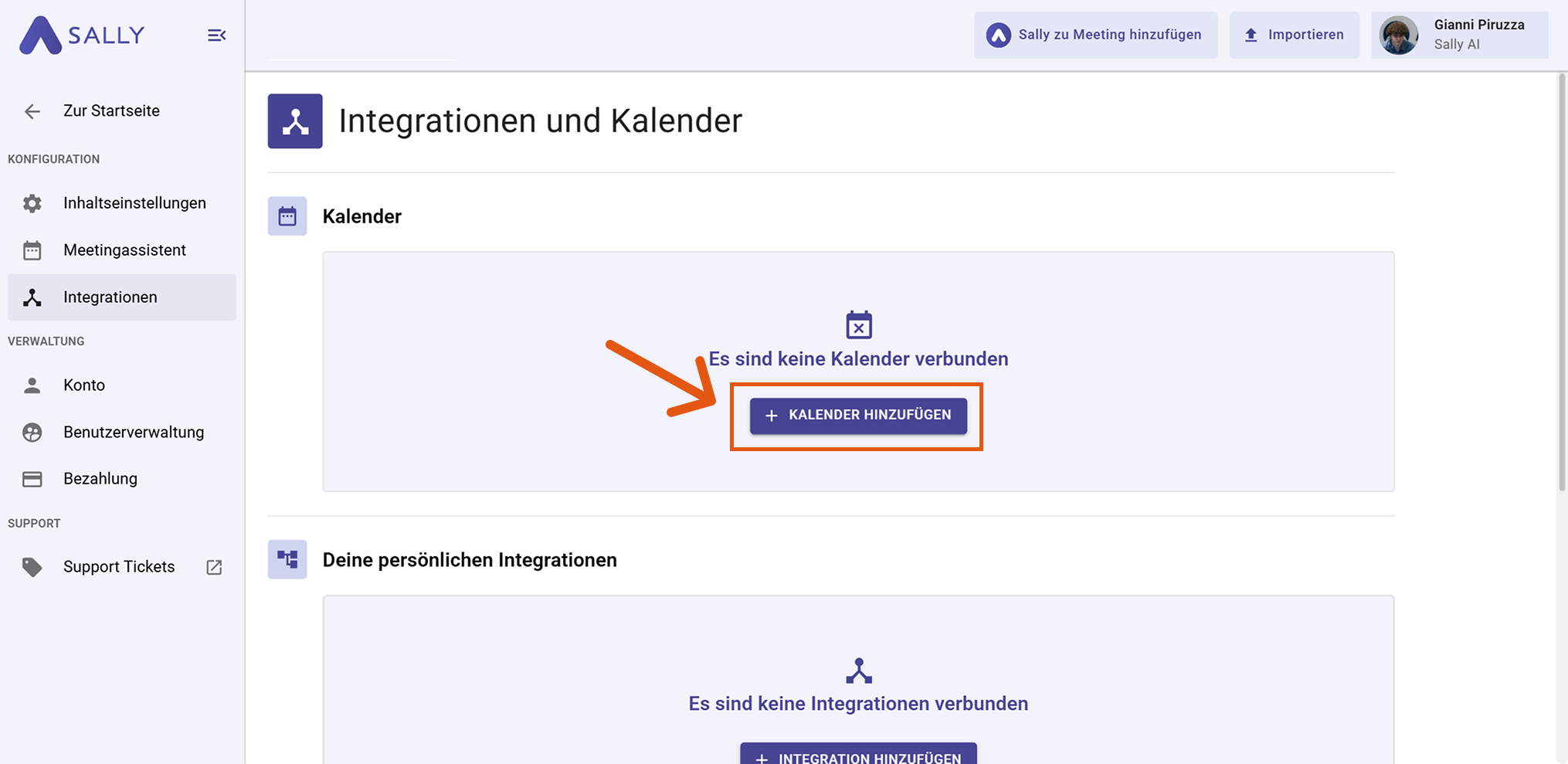 Sally Integrationsseite mit hervorgehobenem Kalender hinzufügen Button
