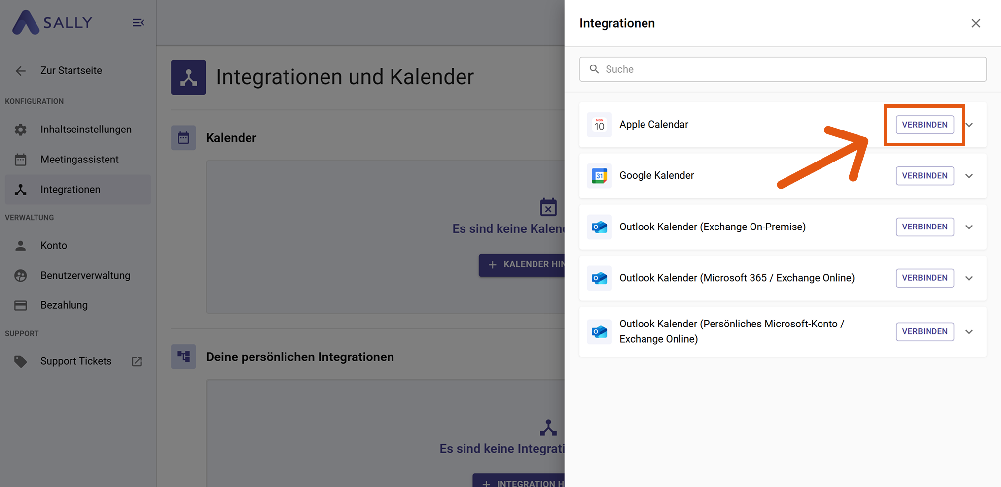 Apple Kalender Integrationsoption mit hervorgehobenem Verbinden Button