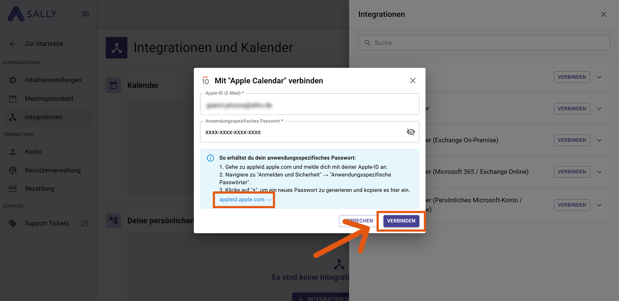 Verbindungsdialog für Apple Kalender mit Apple ID und app-spezifischem Passwort Feldern