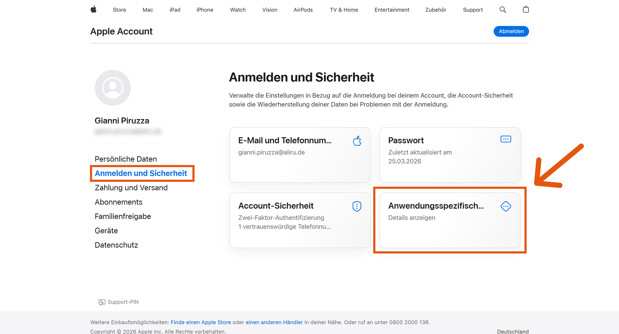 Apple Account Seite mit hervorgehobener Anmeldung und Sicherheit sowie App-spezifische Passwörter
