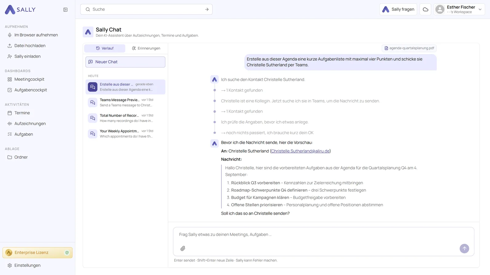 Sally Chat mit angehängter Agenda, daraus erstellter Aufgabenliste und der Rückfrage, ob die Teams-Nachricht gesendet werden soll