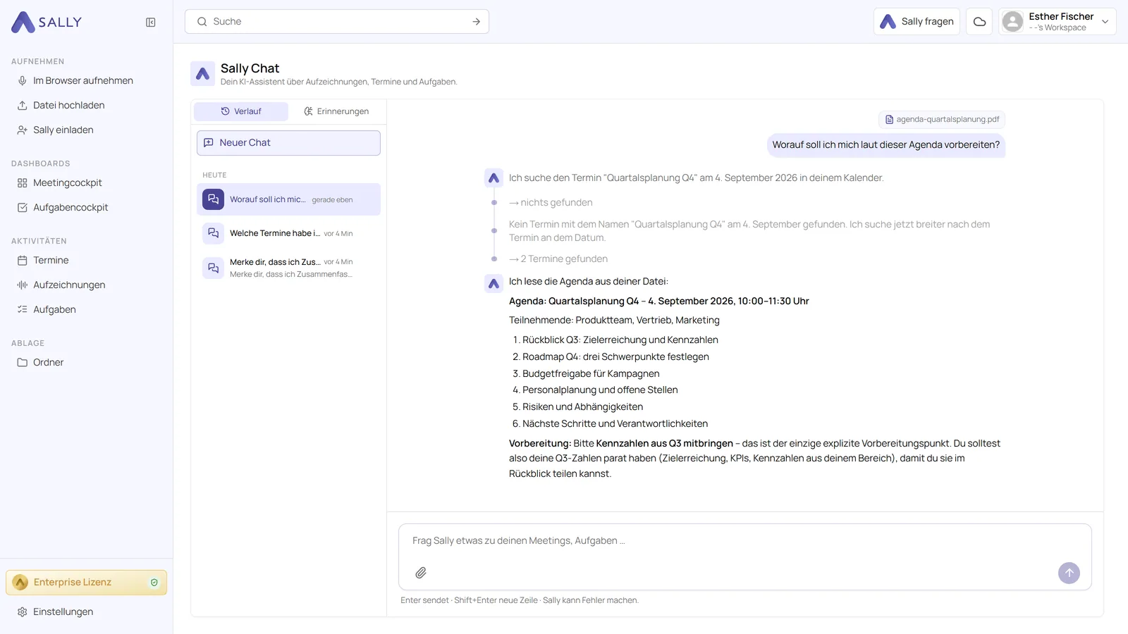 Sally Chat mit angehängter PDF-Agenda und einer Antwort, die Agendapunkte und Vorbereitung zusammenfasst