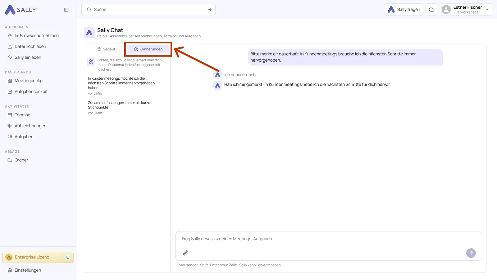 Reiter Erinnerungen im Sally Chat mit gespeicherten Vorlieben und markiertem Reiter