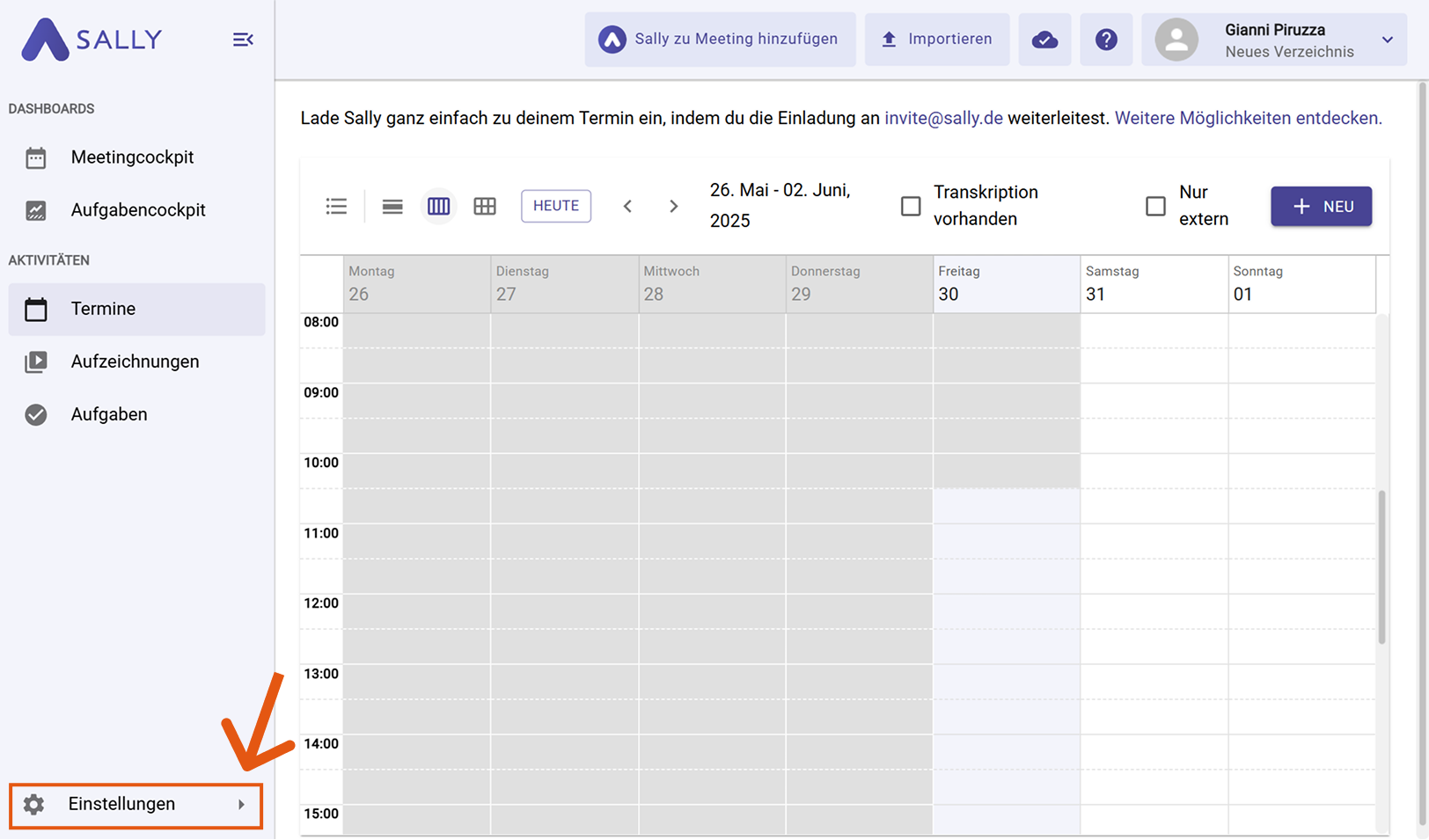 Sally Oberfläche mit hervorgehobenen Einstellungen in der Sidebar
