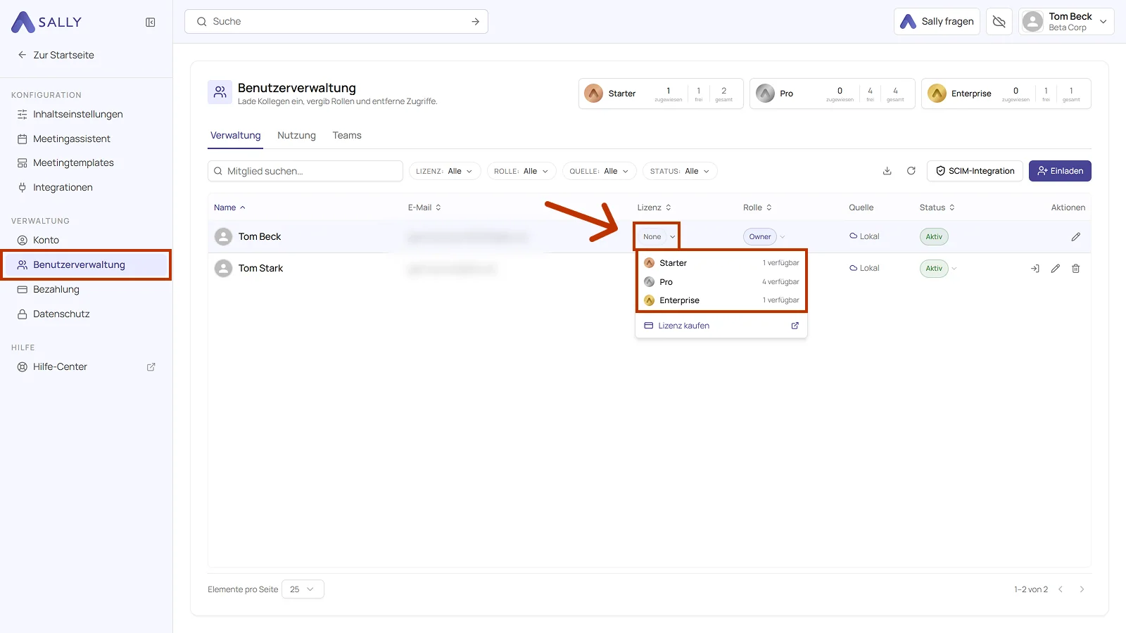 Benutzerverwaltung mit geöffnetem Lizenz-Dropdown und den Plänen Starter, Pro und Enterprise
