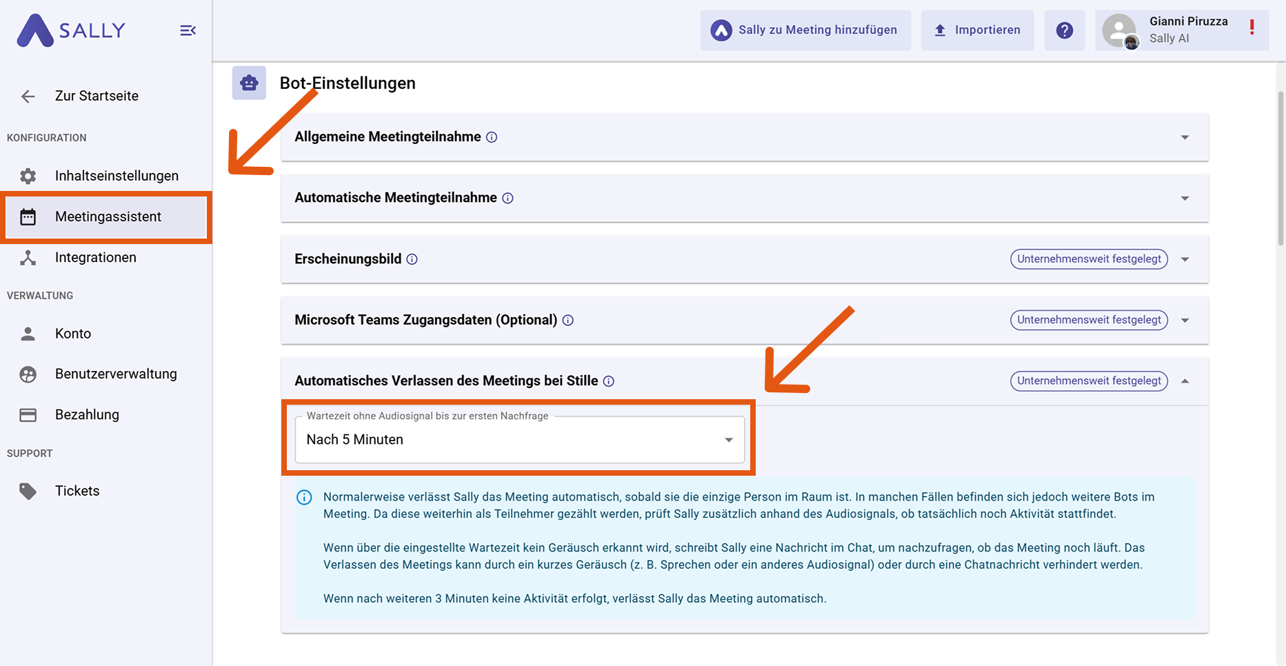 Stille-Timeout konfigurieren