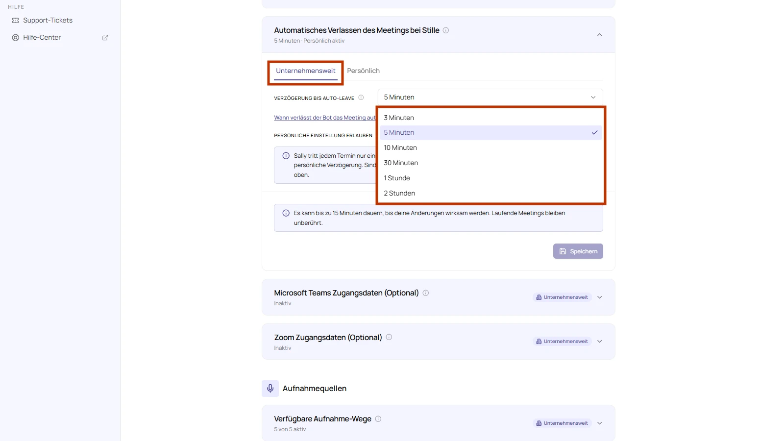Geöffnetes Dropdown Verzögerung bis Auto-Leave mit den Wartezeiten von 3 Minuten bis 2 Stunden