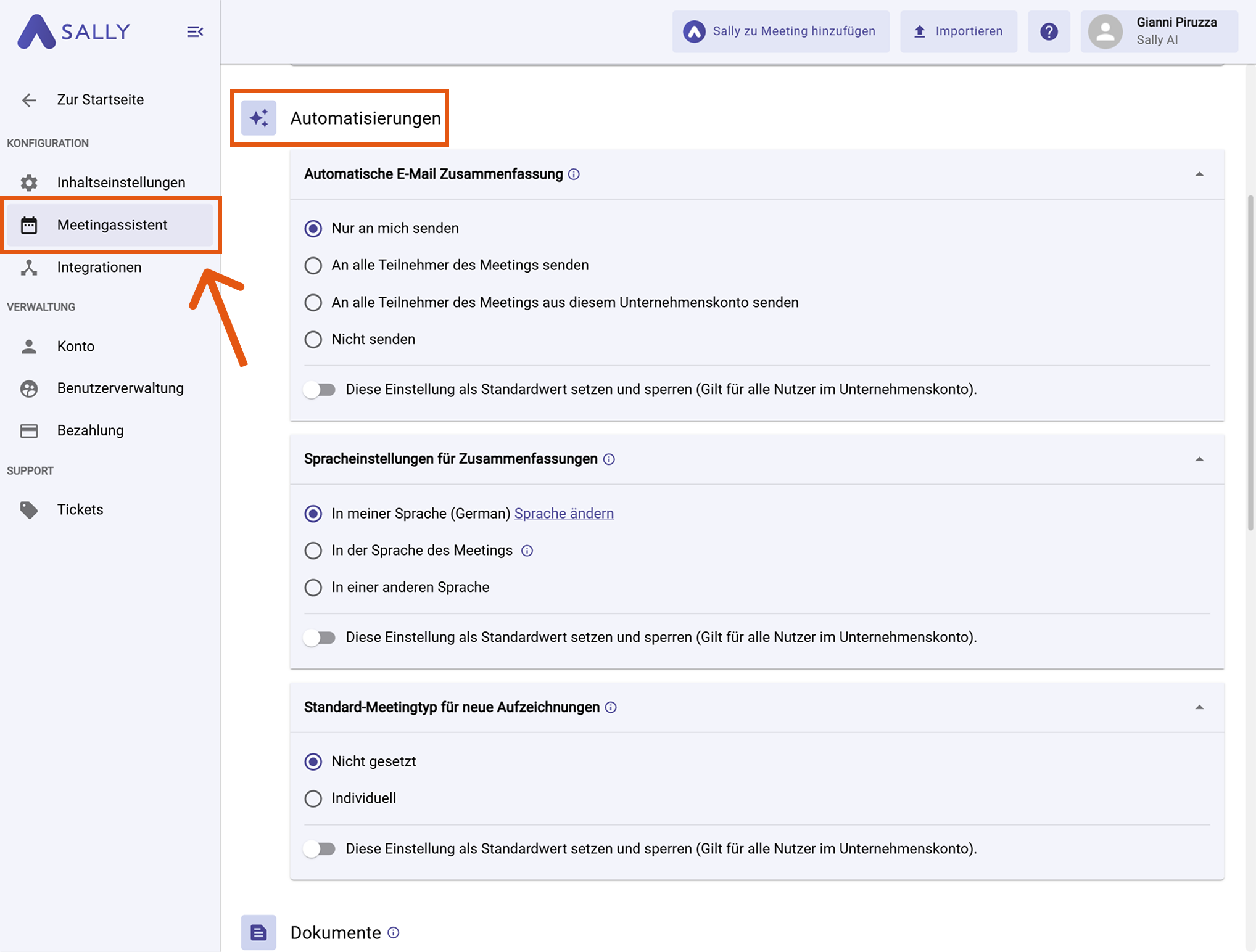 Ansicht Automatisierungen im Meetingassistent