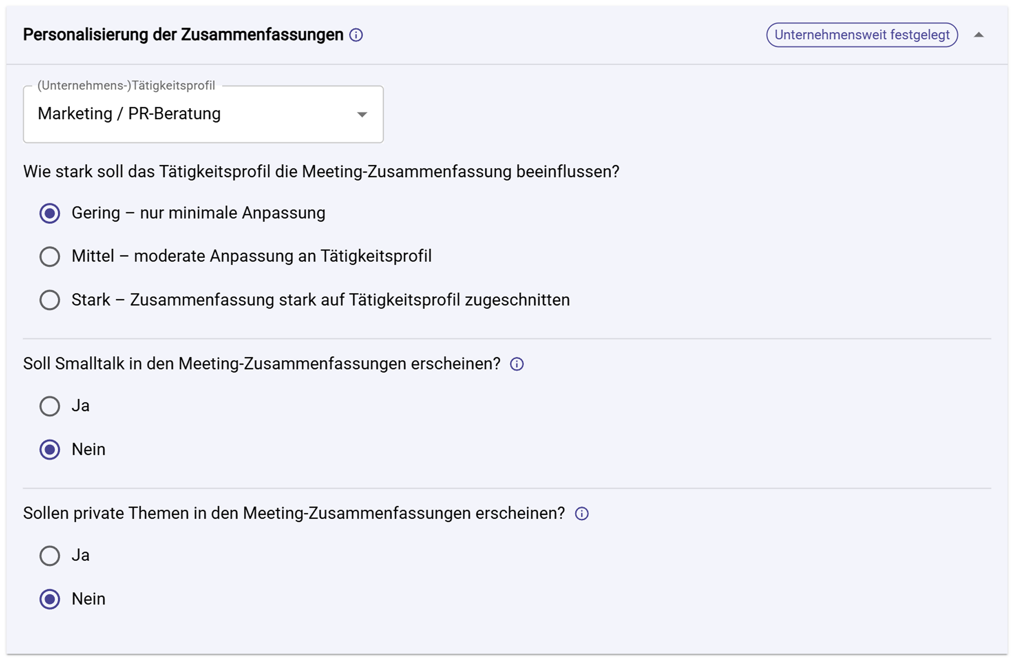 Einstellungen zur Personalisierung der Zusammenfassung