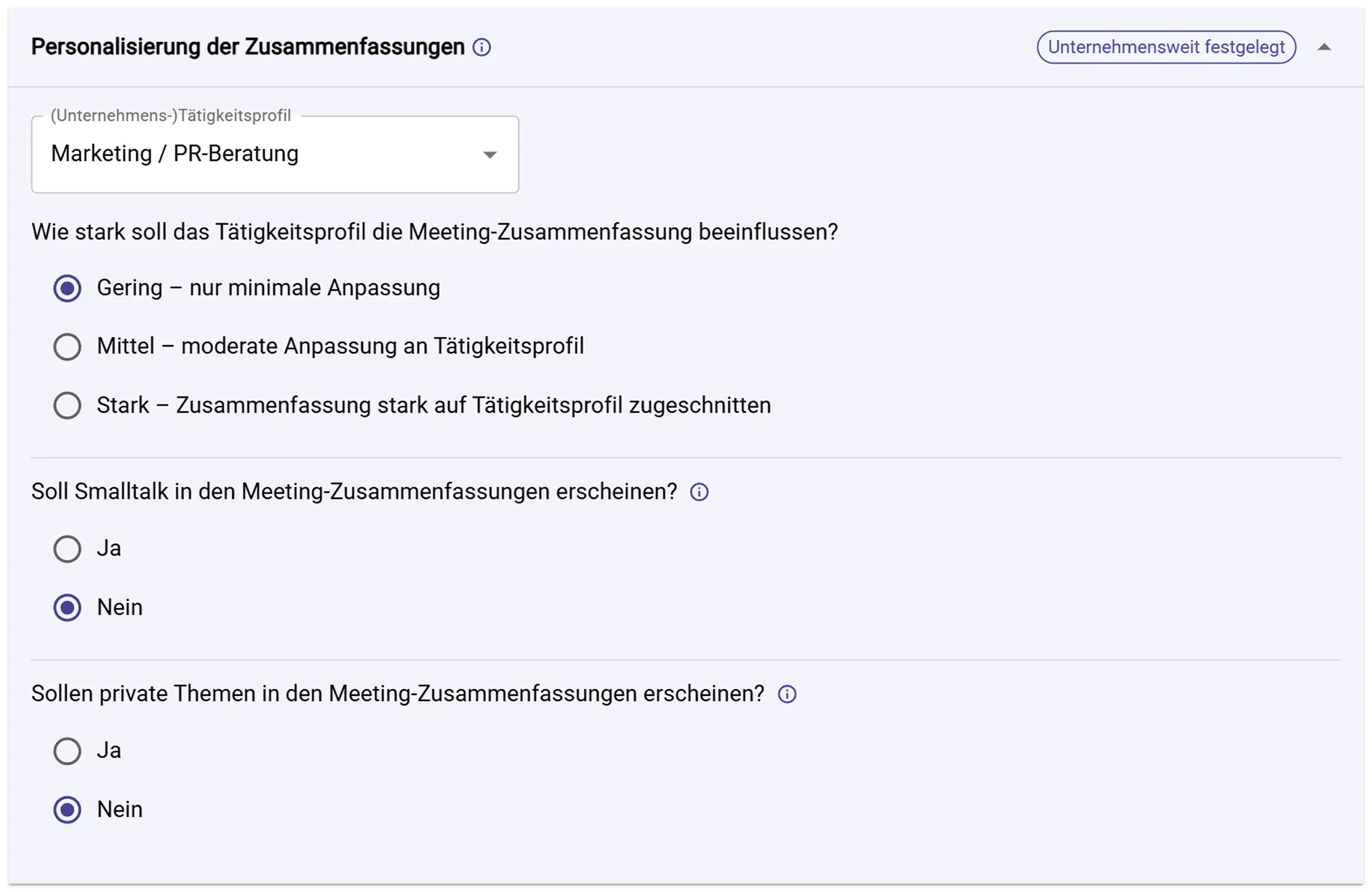 Einstellungen zur Personalisierung der Zusammenfassung