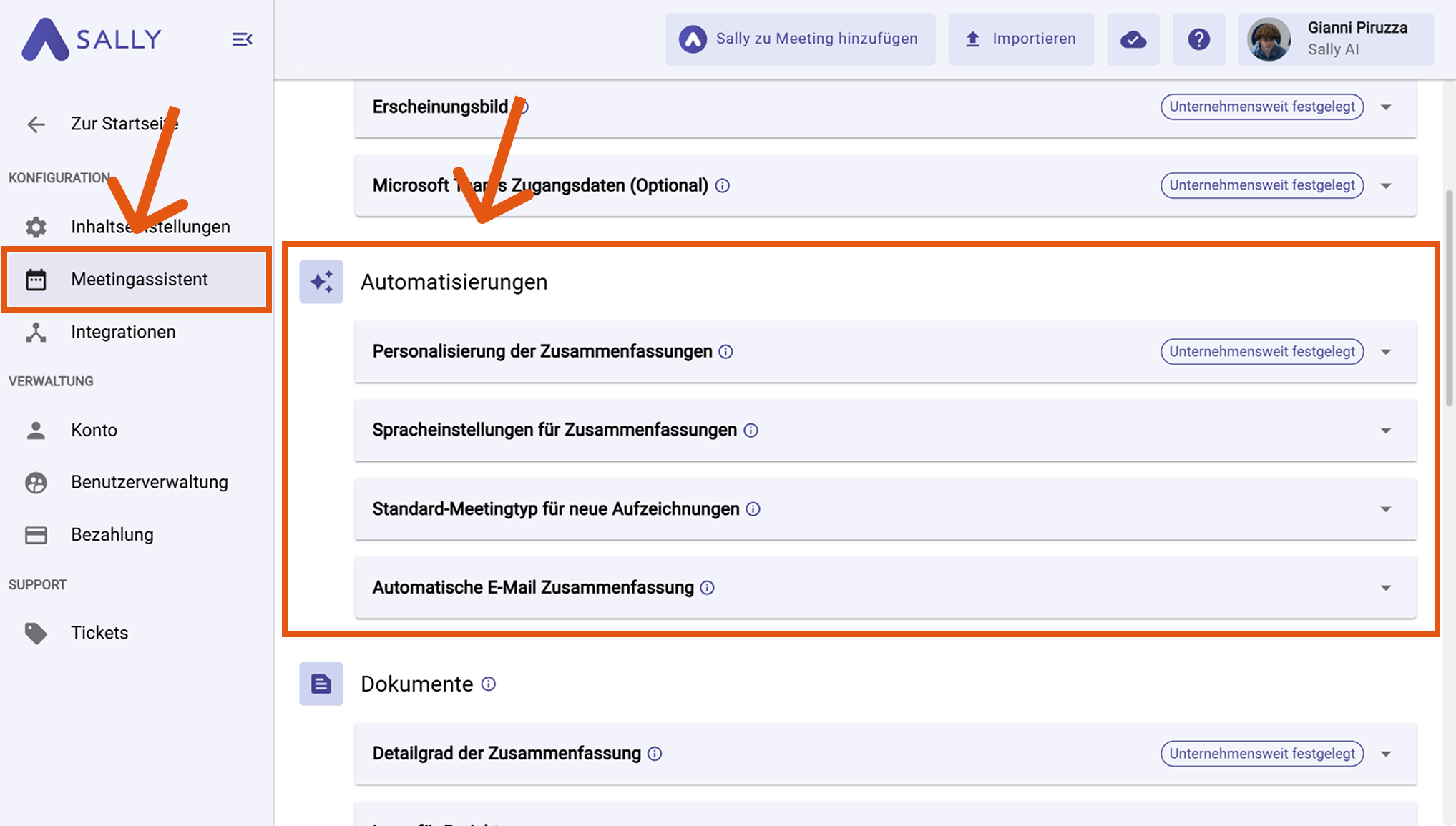 Ansicht der Meeting Assistant Automations