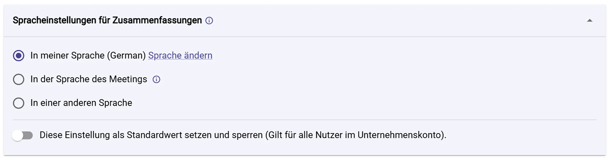 Sally Sprachauswahl für die E-Mail-Zusammenfassung mit UI-Sprache, Meeting-Sprache und freier Wahl