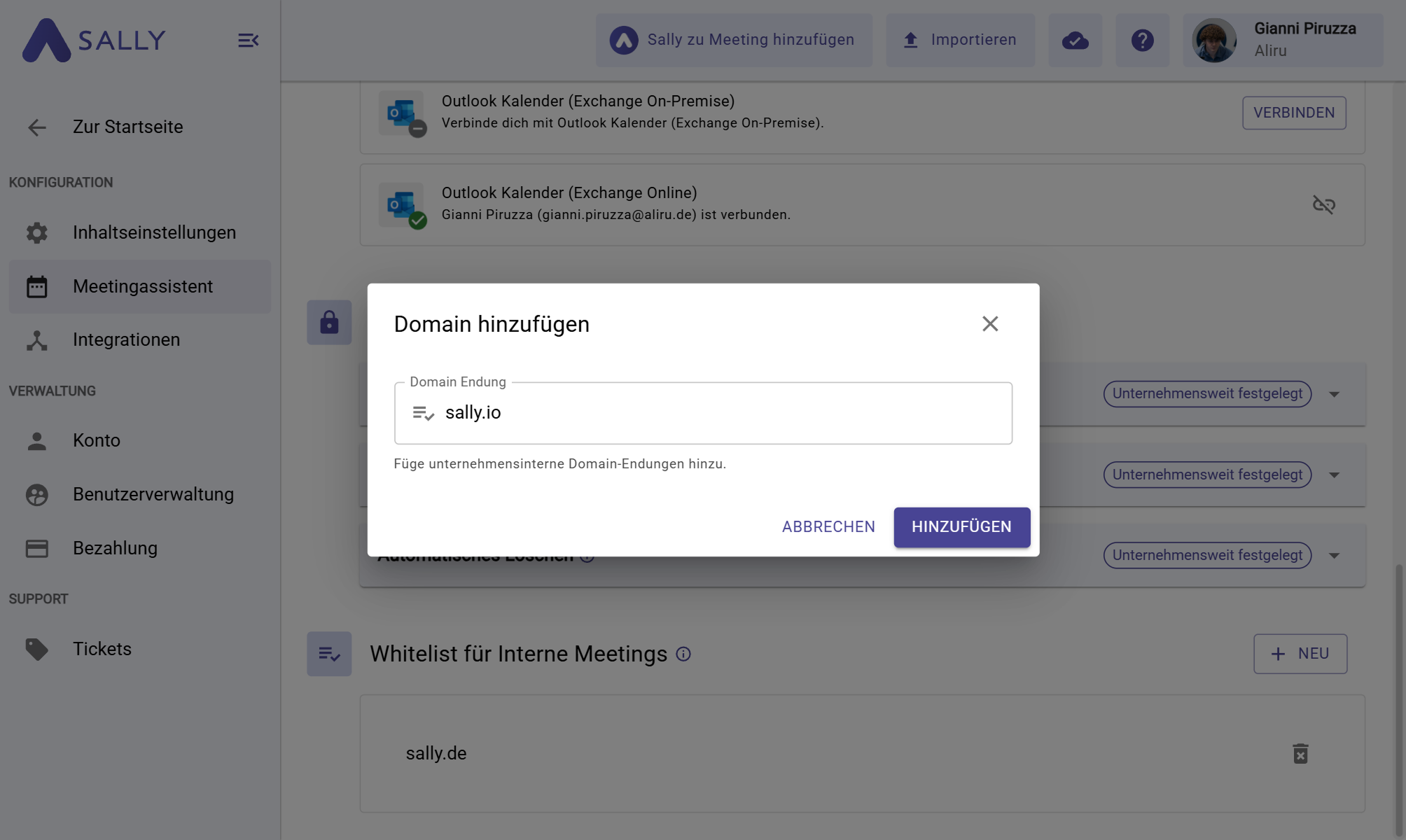 Whitelist für interne Meetings bearbeiten