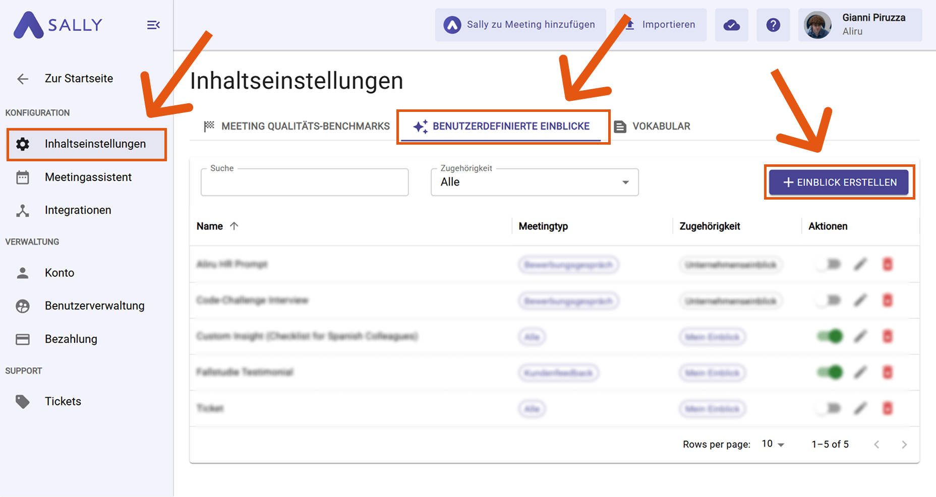 Benutzerdefinierte Einblick erstellen Sally AI