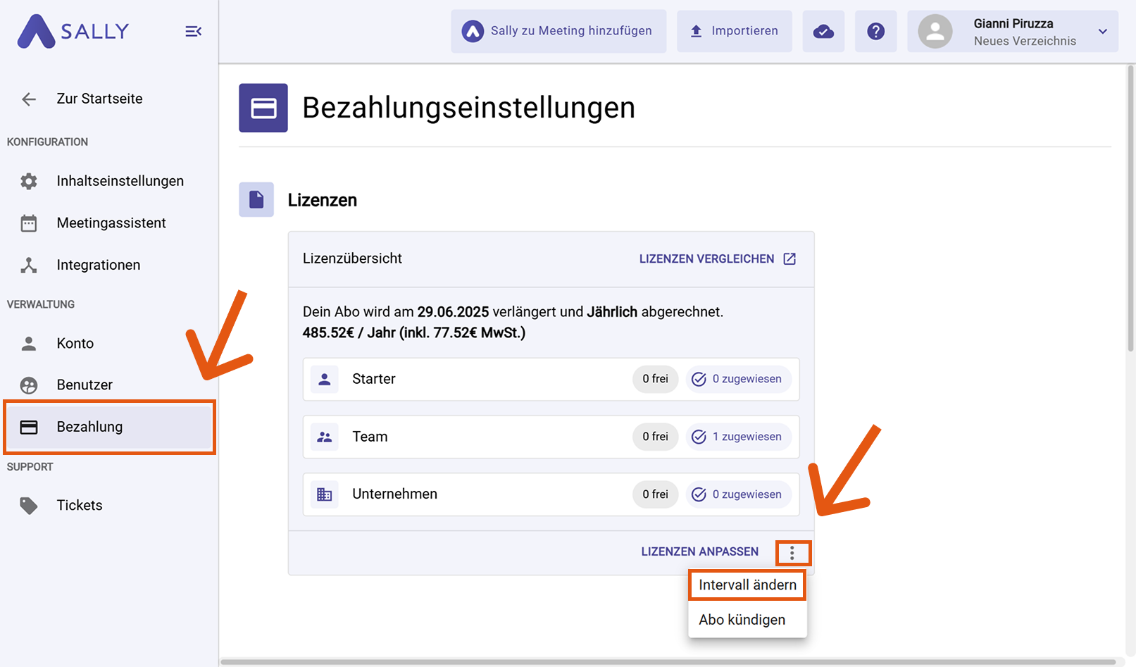 Zahlungseinstellungen mit hervorgehobener Lizenzübersicht und Drei-Punkte-Menü
