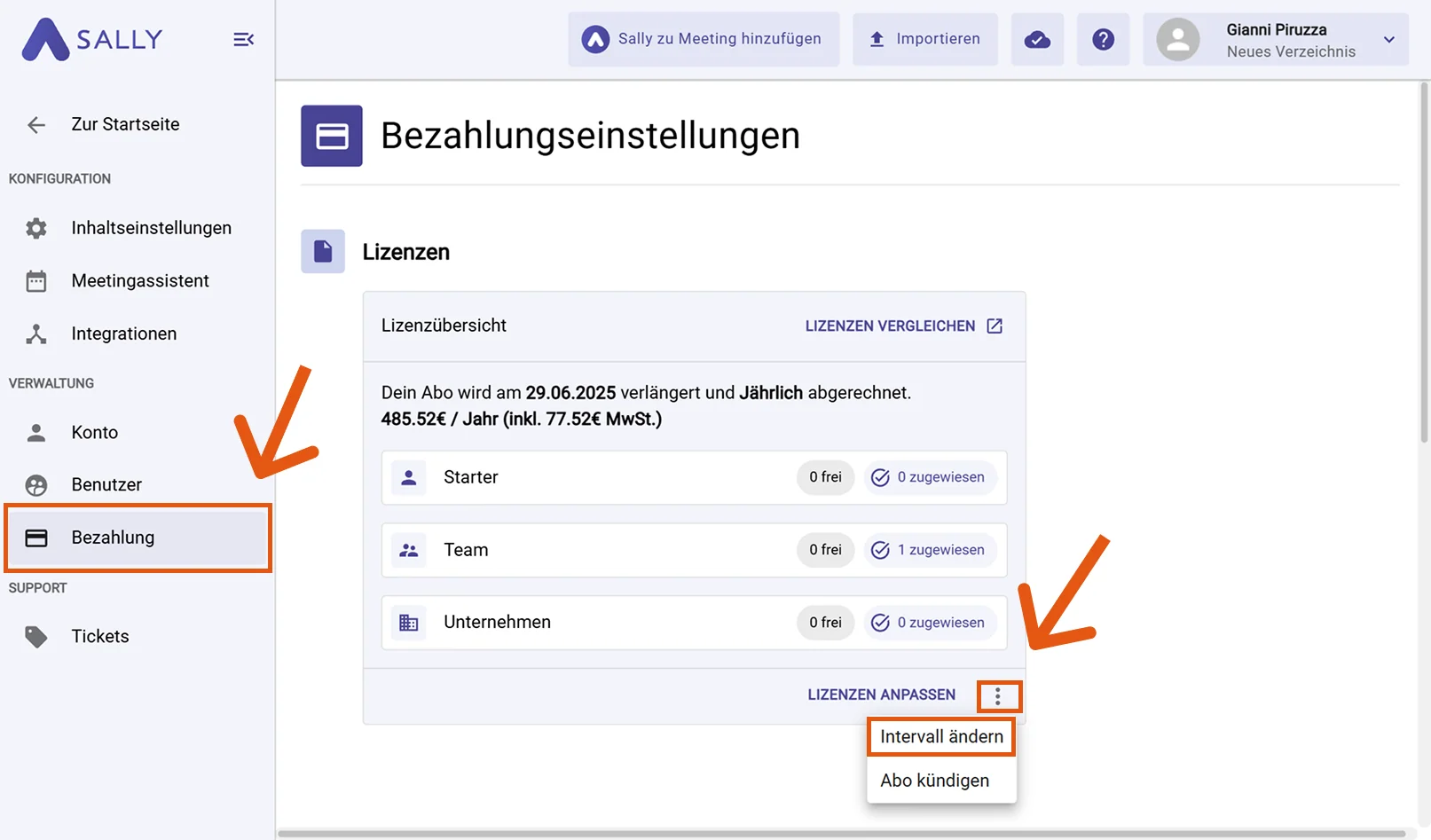 Zahlungseinstellungen mit hervorgehobener Lizenzübersicht und Drei-Punkte-Menü
