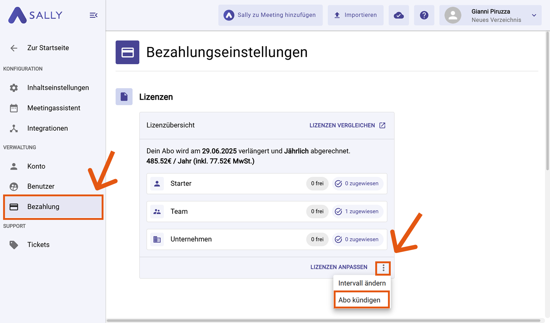 Bezahlungsübersicht mit geöffnetem Menü Lizenzen anpassen und Option Abo kündigen