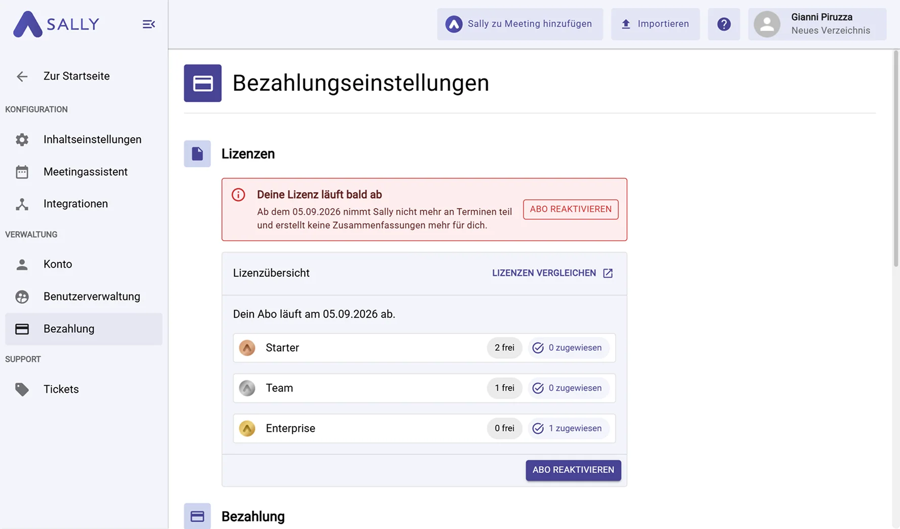 Bezahlungsübersicht mit Warnhinweis ablaufender Lizenz und Button Abo reaktivieren