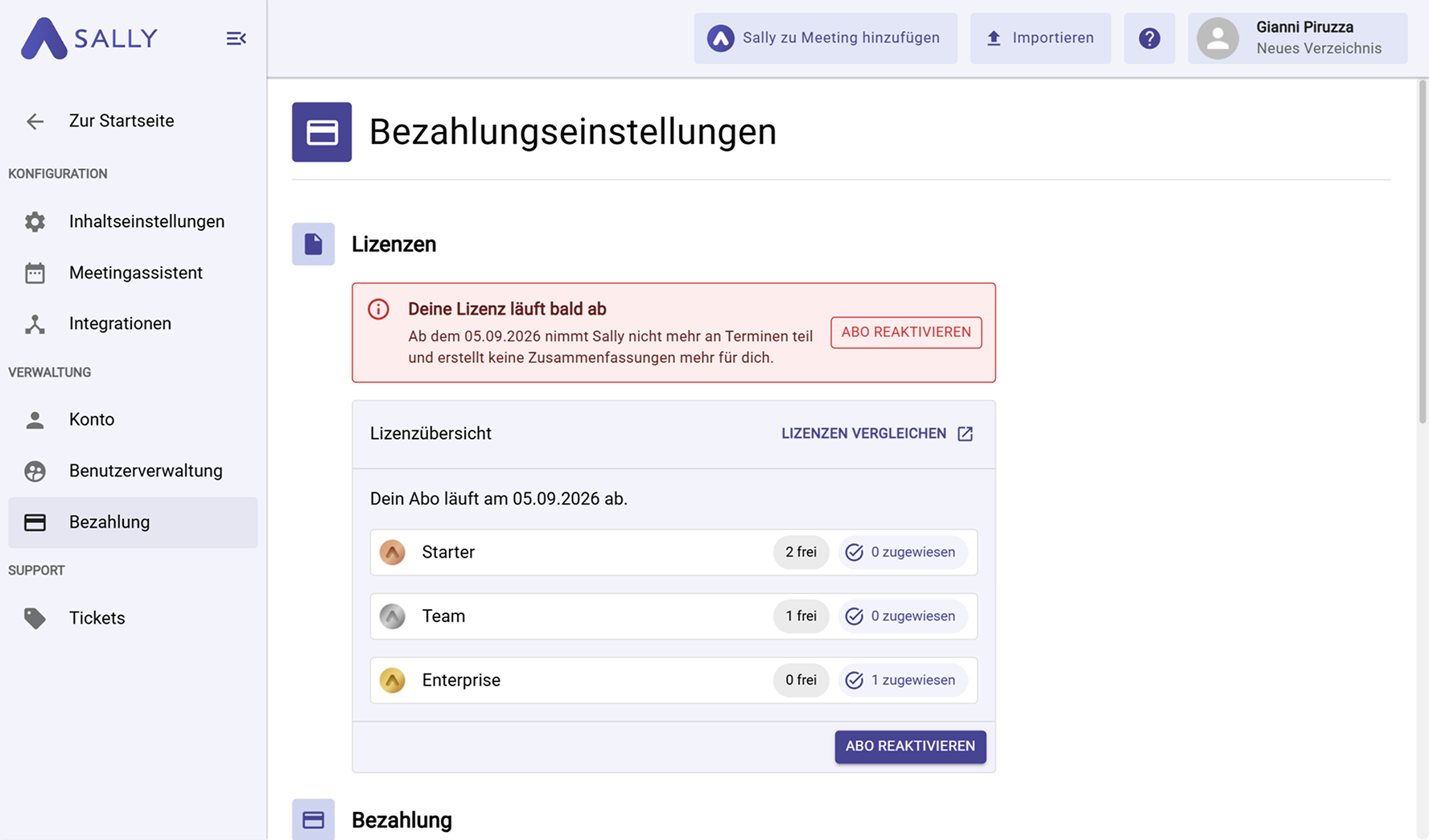 Bezahlungsübersicht mit Warnhinweis ablaufender Lizenz und Button Abo reaktivieren