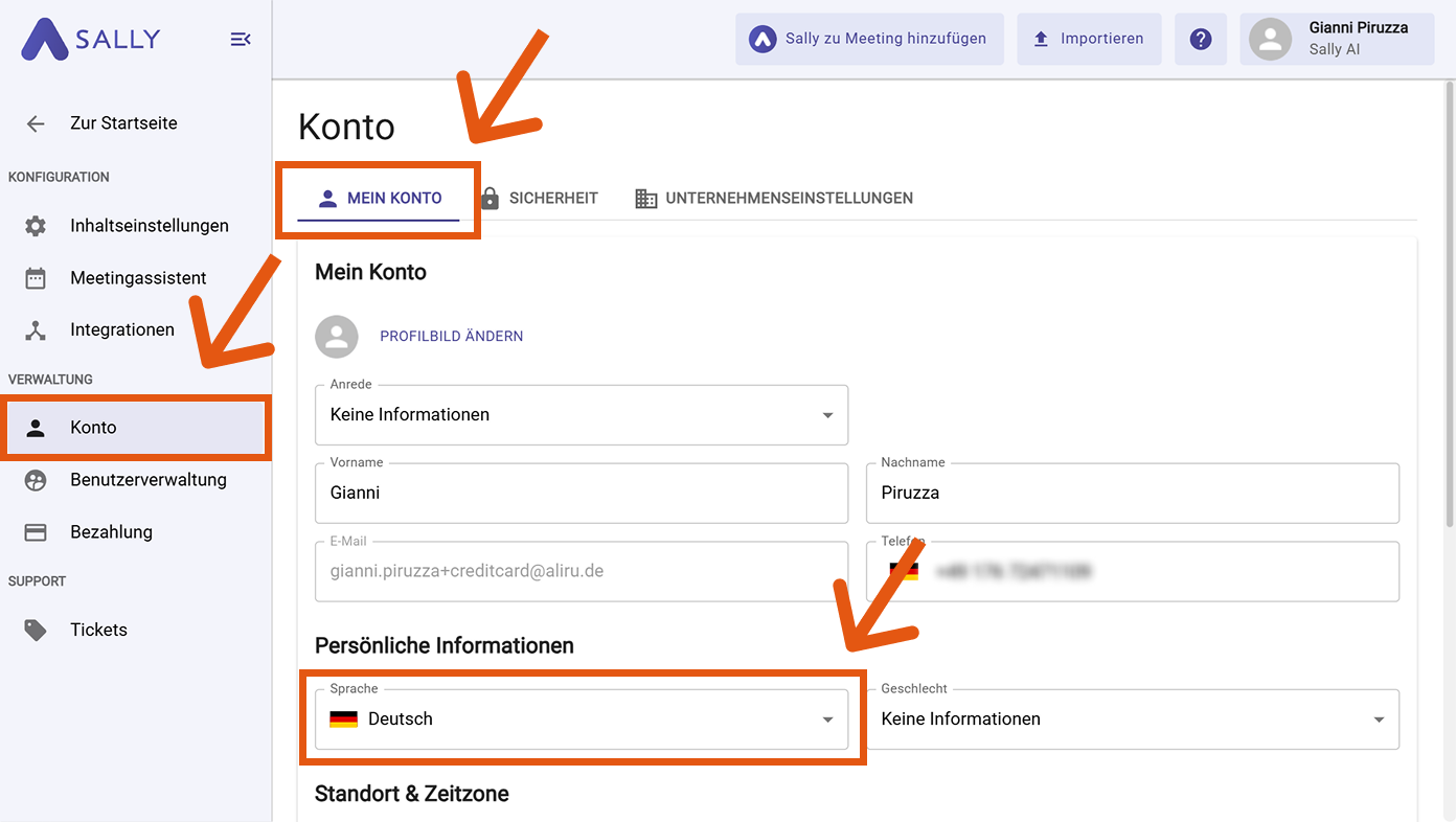 Mein Konto-Tab mit hervorgehobenem Sprach-Dropdown