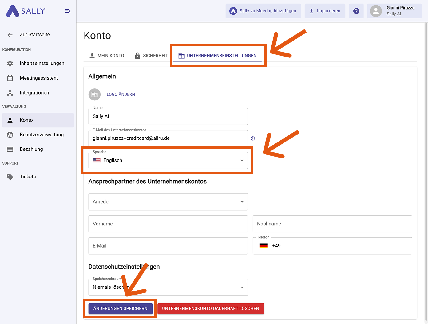 Unternehmenseinstellungen-Tab mit hervorgehobenem Sprach-Dropdown und Änderungen speichern-Button