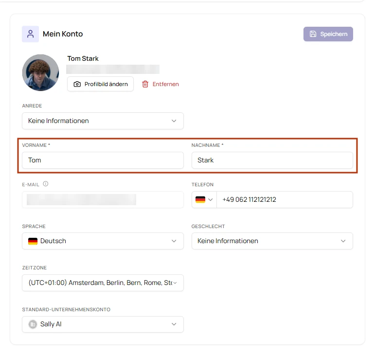 Reiter Mein Konto mit den markierten Feldern Vorname und Nachname