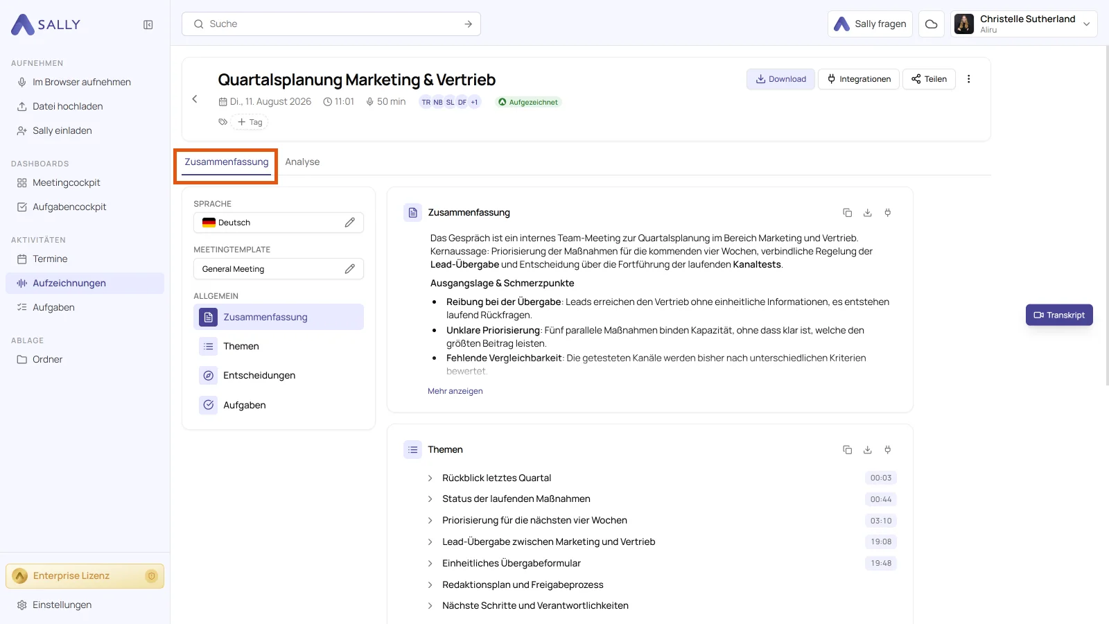 Sally Bericht mit hervorgehobenem Tab Zusammenfassung