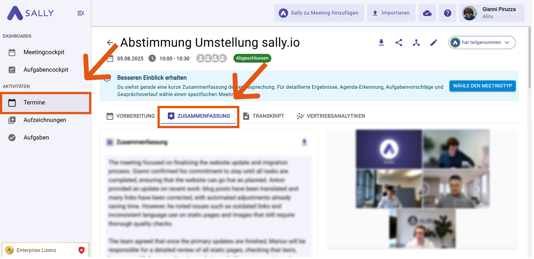Sally Meeting-Ansicht mit hervorgehobenen Bereichen Termine und Zusammenfassung, die das Aufgabenpanel zeigen
