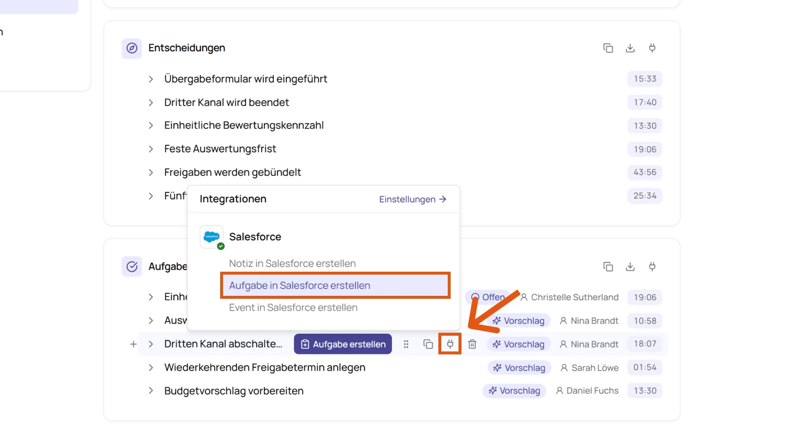 Menü Integrationen in Sally mit der Option Aufgabe in Salesforce erstellen