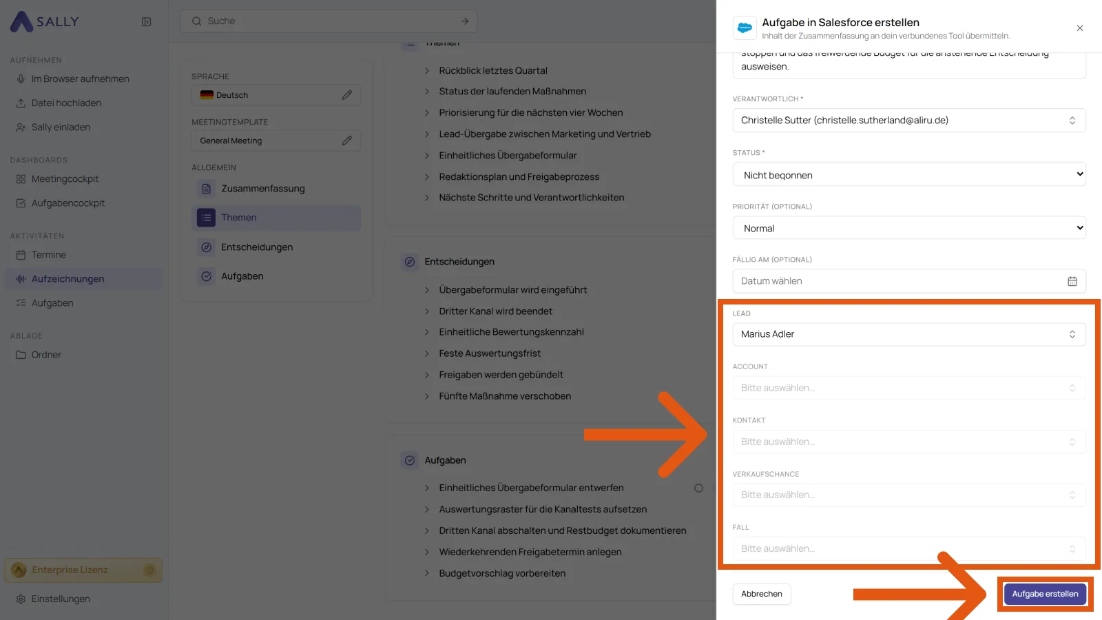 Sally Formular Aufgabe in Salesforce erstellen mit den Feldern Lead, Account und Kontakt
