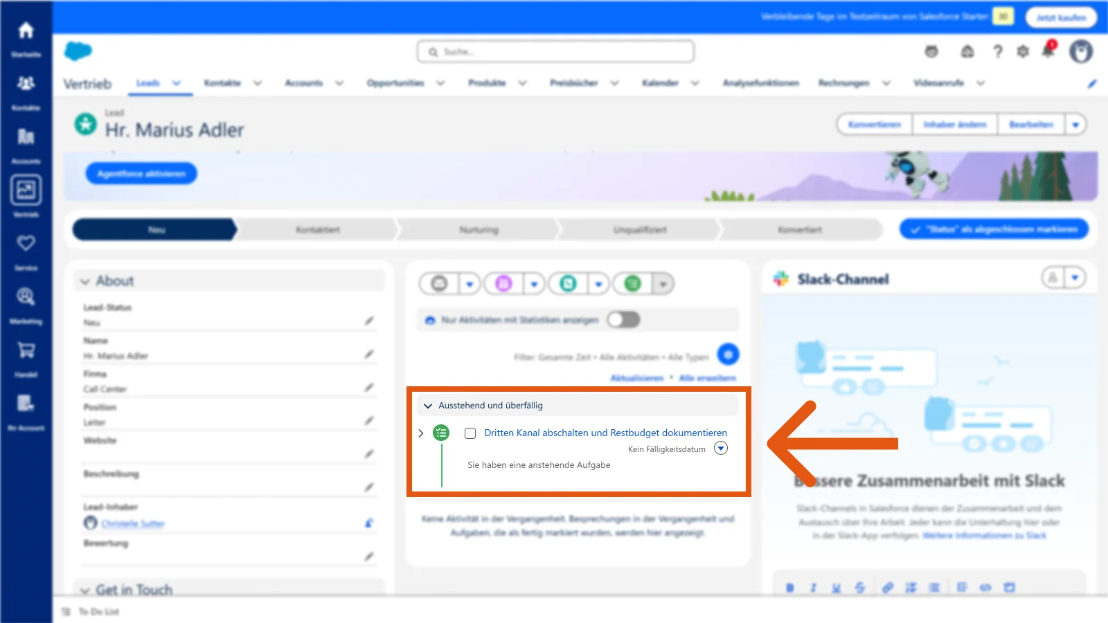 Aus Sally erstellte Aufgabe auf einem Salesforce Lead unter Ausstehend und überfällig