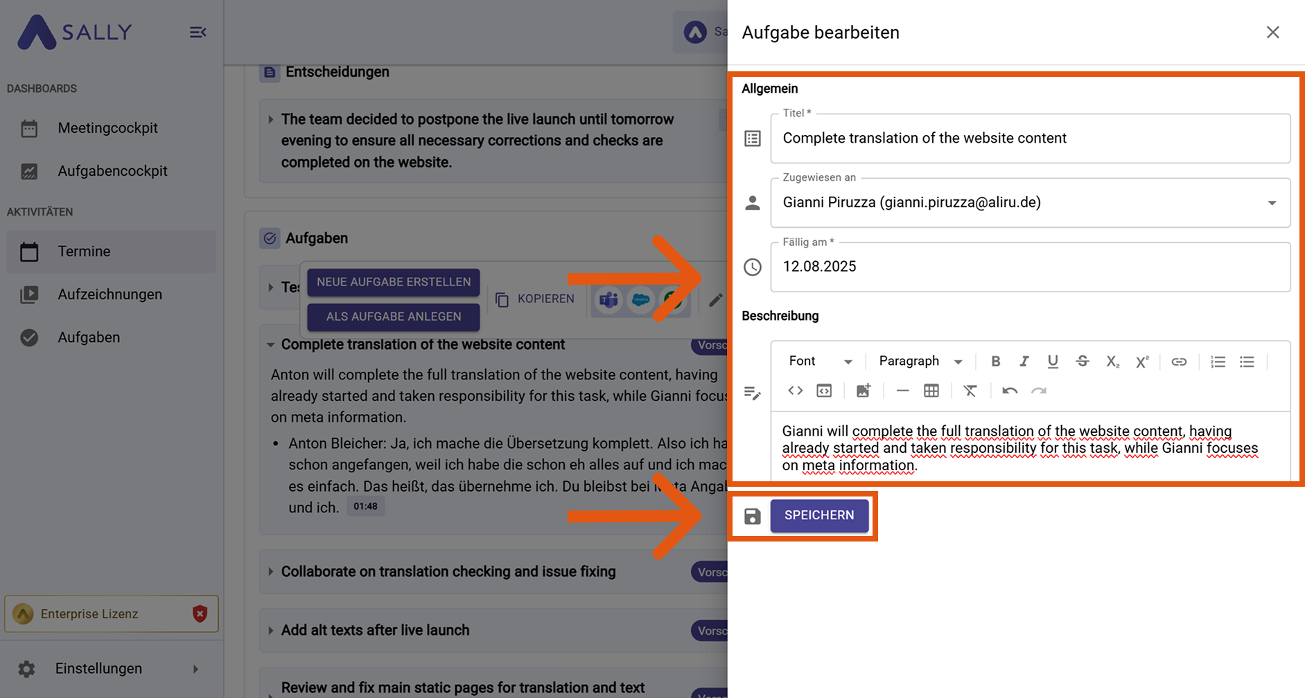 Bearbeitung einer vorgeschlagenen Aufgabe in Sally mit den Feldern Titel, Zugewiesen an, Fällig am und Beschreibung vor dem Speichern