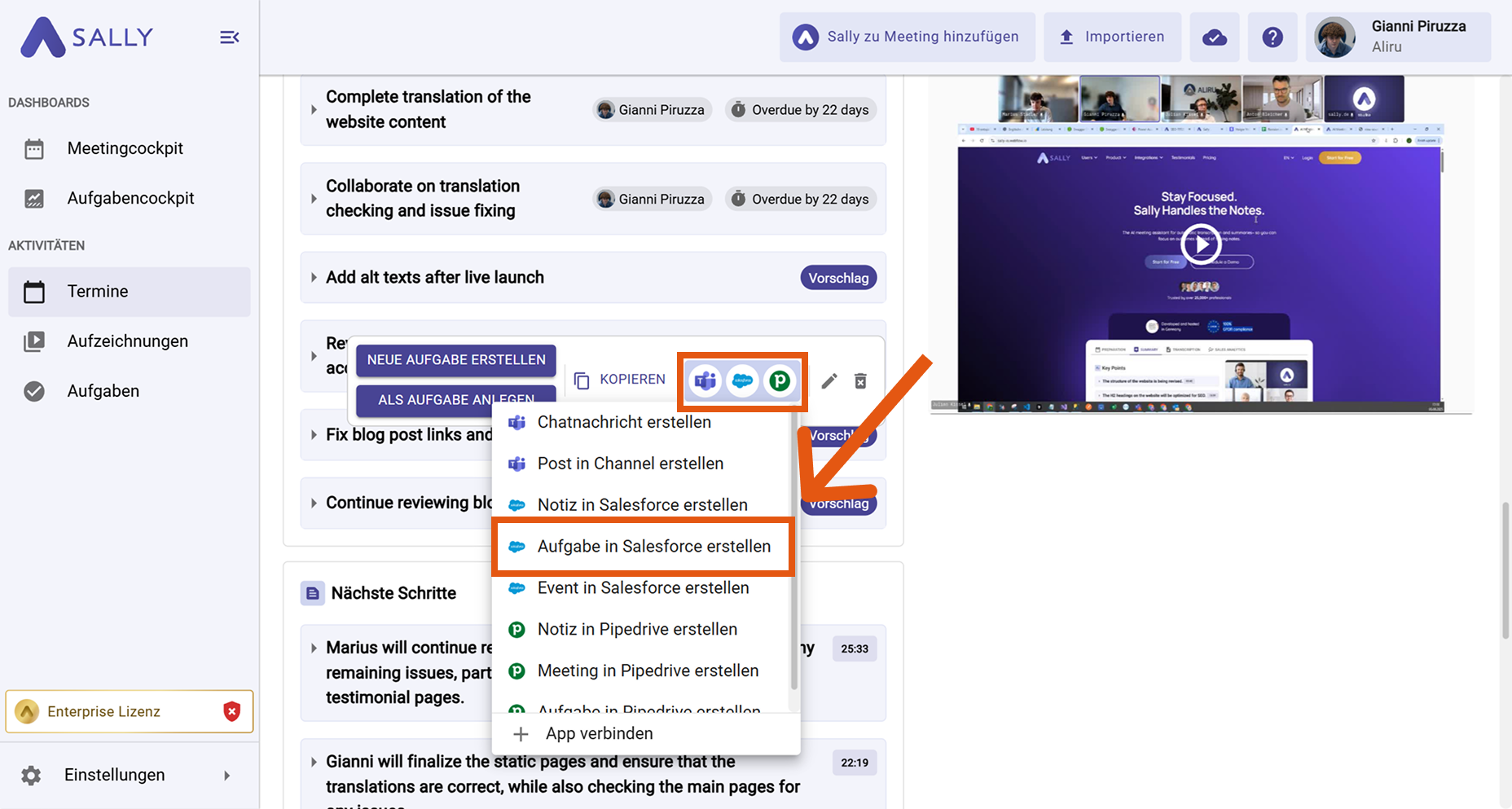 Integrationsmenü in Sally mit Optionen wie Salesforce, Microsoft Teams und Pipedrive zum Synchronisieren einer Aufgabe
