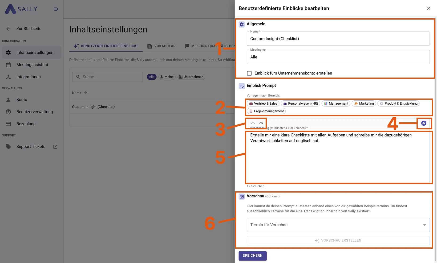 Das Custom-Insights-Formular mit nummerierten Elementen