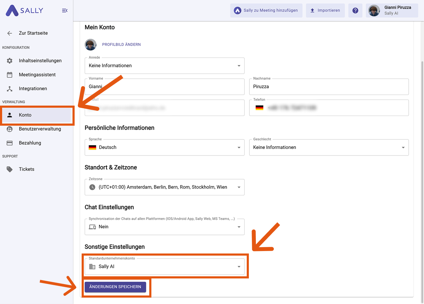Konto-Seite mit markiertem Dropdown für Standardunternehmenskonto und Button Änderungen speichern