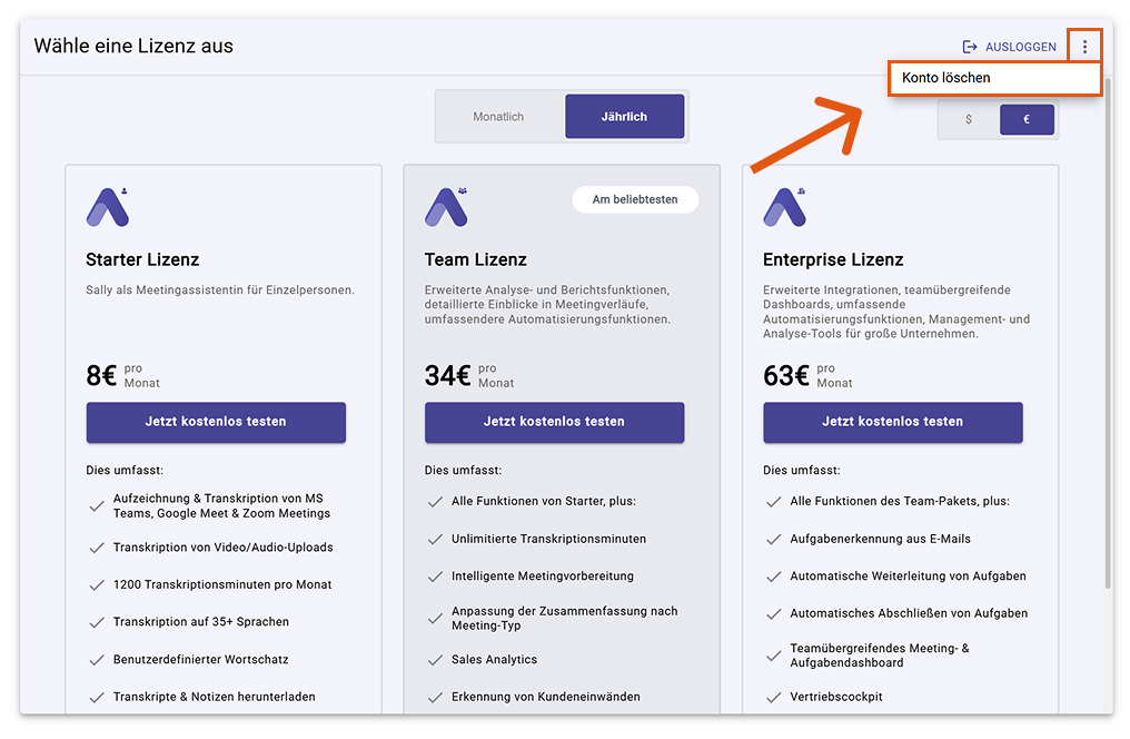 Lizenzauswahl-Bildschirm mit der Option 'Konto löschen' im Drei-Punkte-Menü