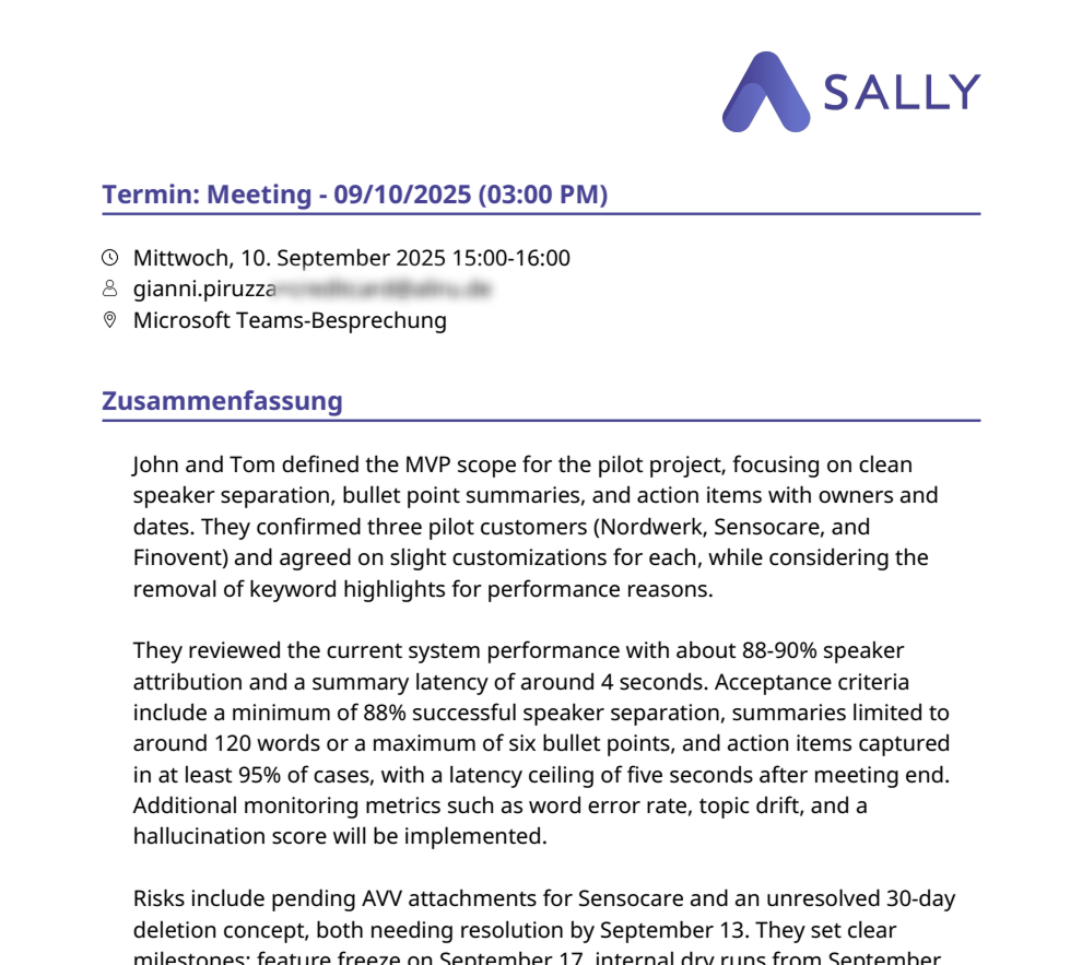 Beispiel eines von Sally generierten Meetingberichts