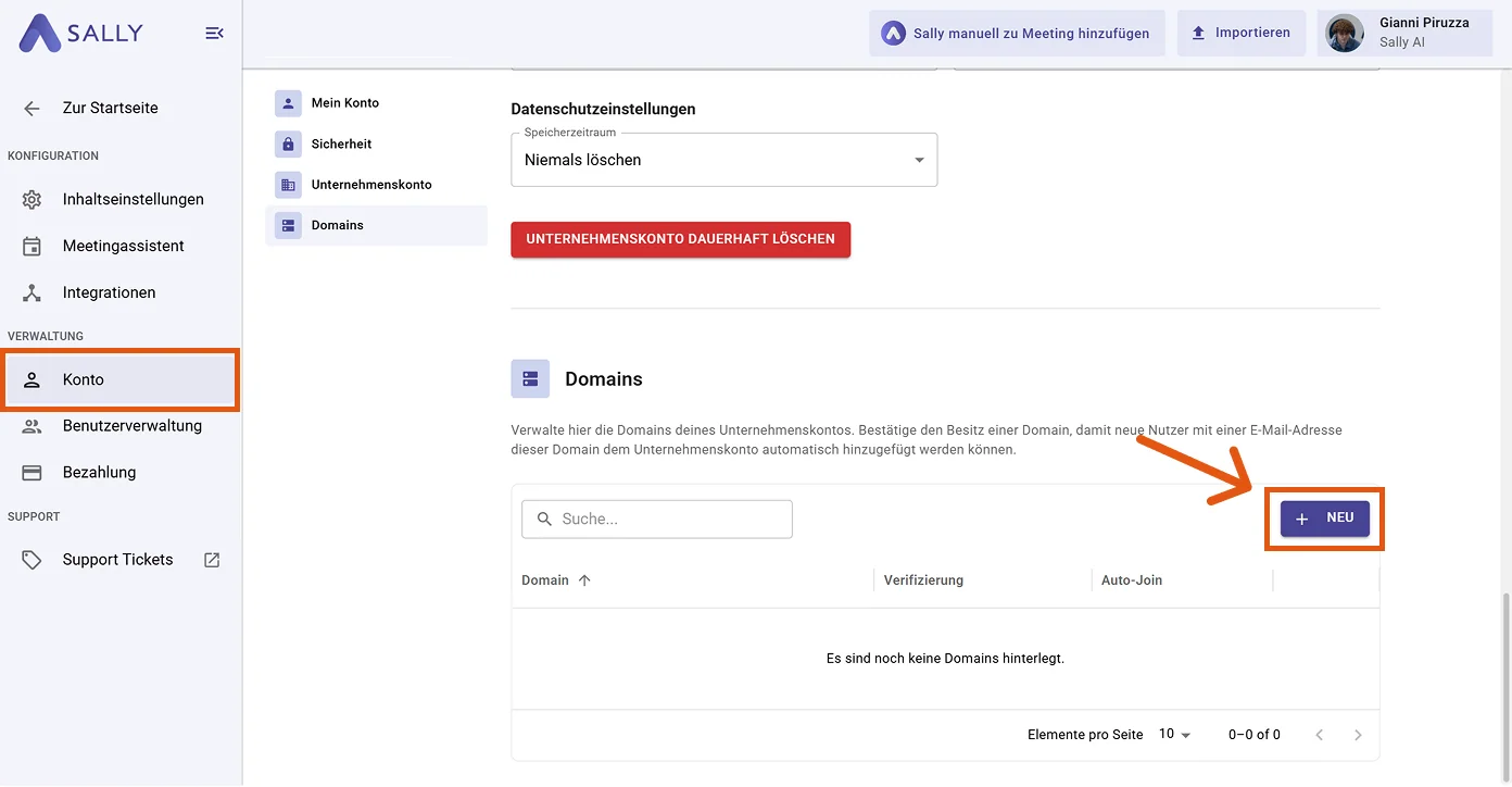 Kontoeinstellungen mit geöffnetem Domains-Tab und hervorgehobener Neu-Schaltfläche