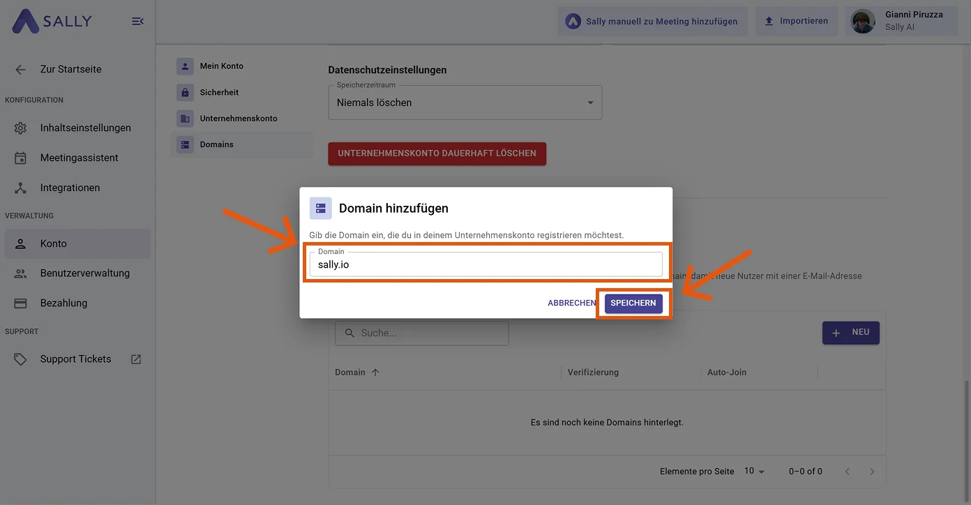 Dialog Domain hinzufügen mit eingetragener Domain und hervorgehobener Speichern-Schaltfläche