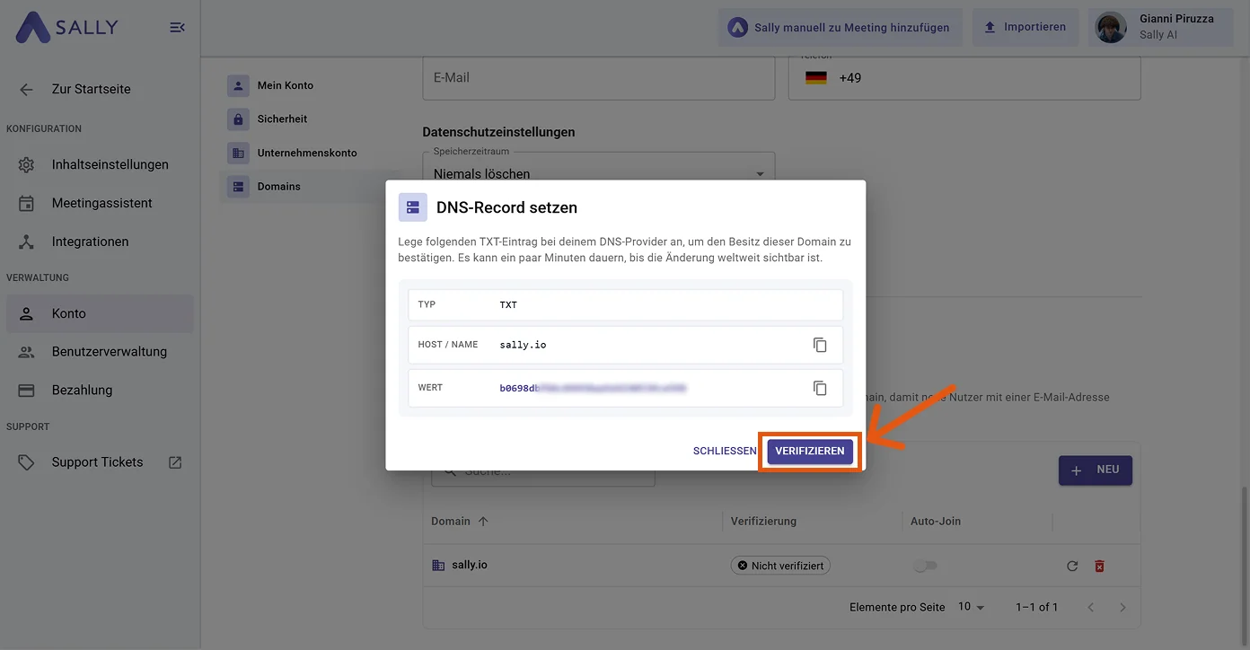 DNS-Record-Dialog in Sally mit Typ, Host/Name und Wert sowie der Verifizieren-Schaltfläche