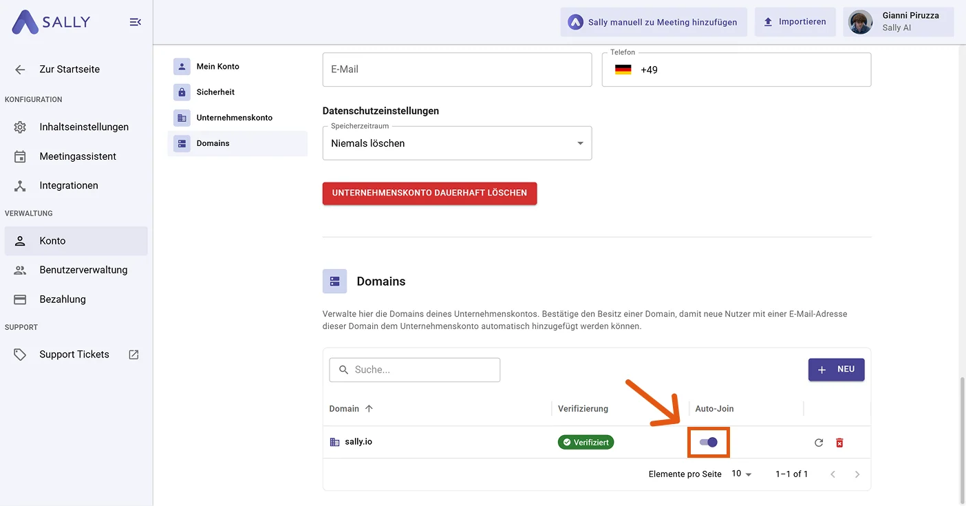 Domains-Liste mit aktiviertem Auto-Join-Schalter für eine verifizierte Domain