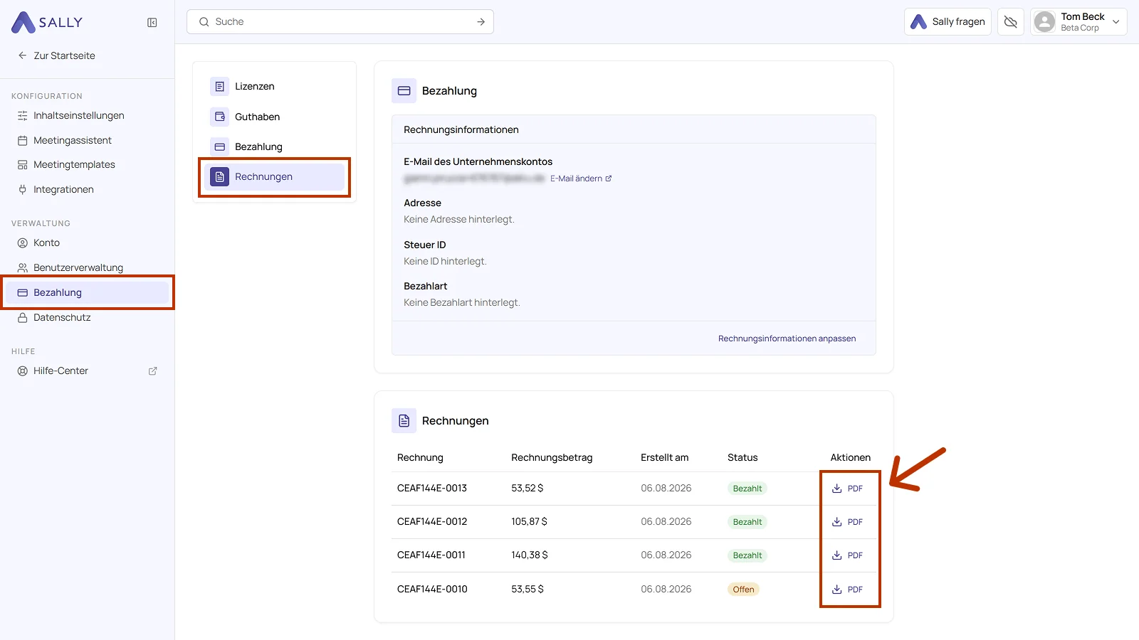 Abschnitt Rechnungen in den Bezahleinstellungen mit der Tabelle und den markierten PDF-Links in der Spalte Aktionen