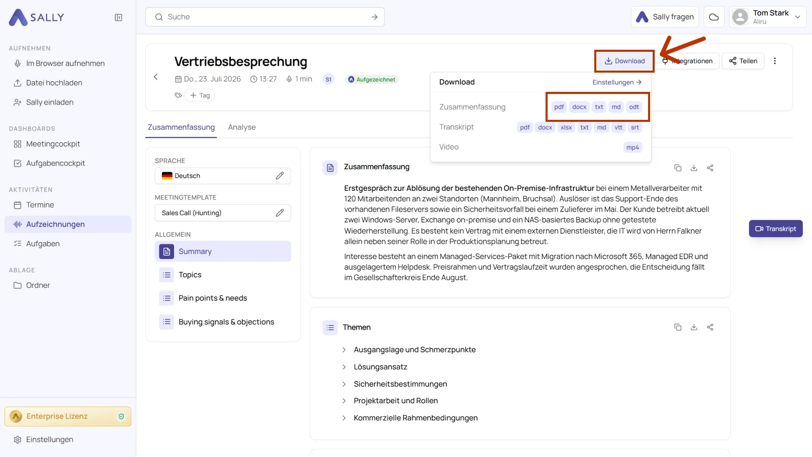 Sally Download-Menü mit den Exportformaten für die Zusammenfassung